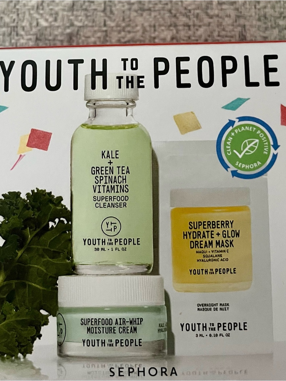 New Youth To The People Superfood Cleanser, moisture cream and mask travel  kit